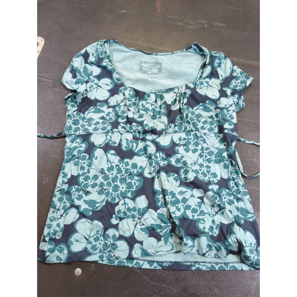 Hillard & Hanson Womens Large Floral Empire Waist Short Sleeve Top Teal Navy
